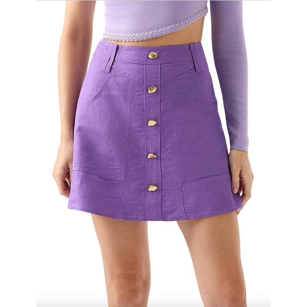 Aje Belmond Purple Linen Blend‎ Mini Skirt Gold Buttons Tonal Artsy Size 14
